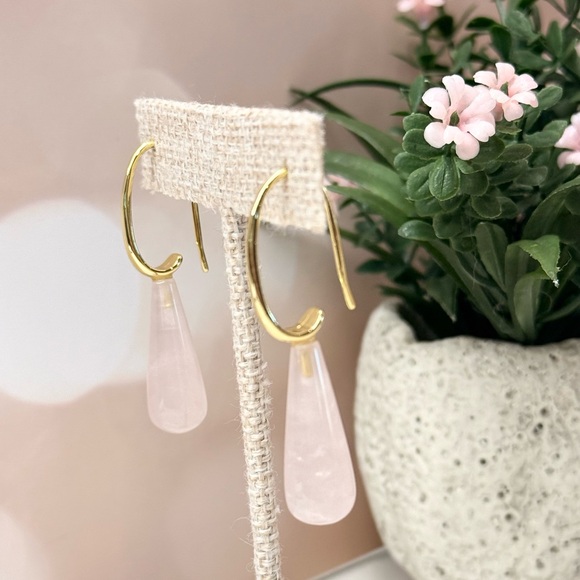 14K Gold Plated Genuine Rose Quartz Teardrop Earrings - Picture 1 of 5